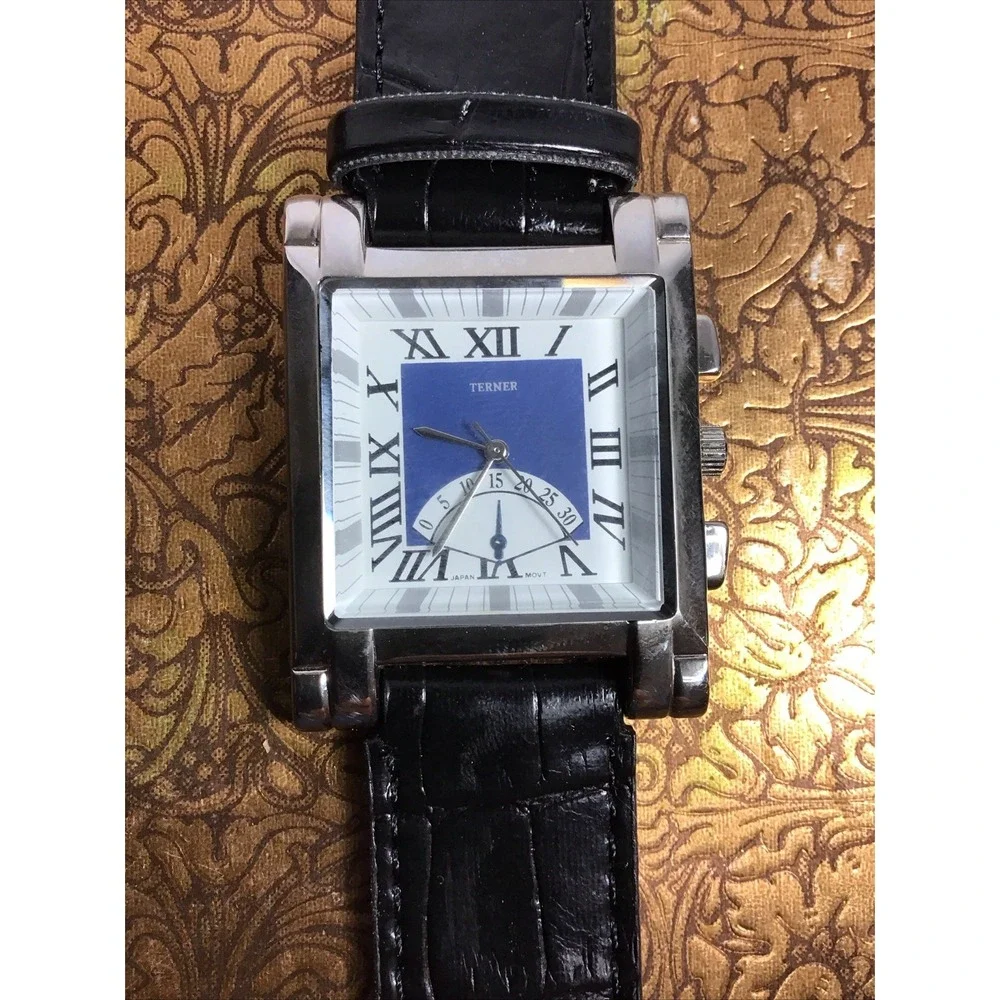 Bijoux Terner Mens Watch K-10431 Blue Dial Roman Numerals Black Leather Strap